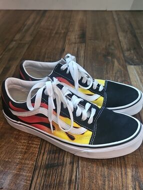 Vans Suede Old Skool Flame Skate Shoes - Black with Red & Yellow Flames